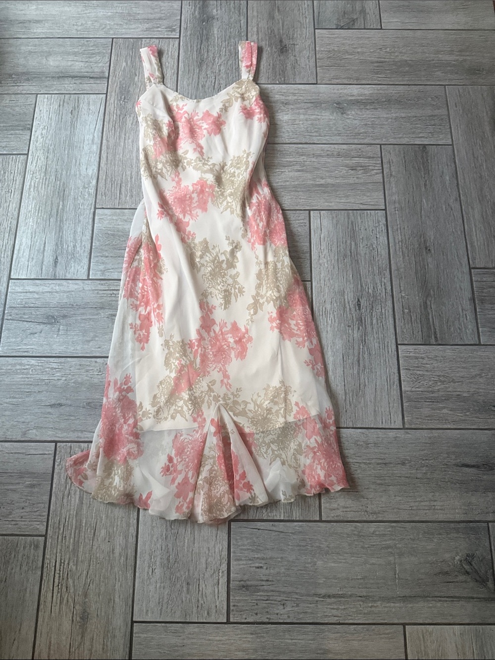 Signature by Sangria White Midi Slip Dress with Pink and Beige Floral Print